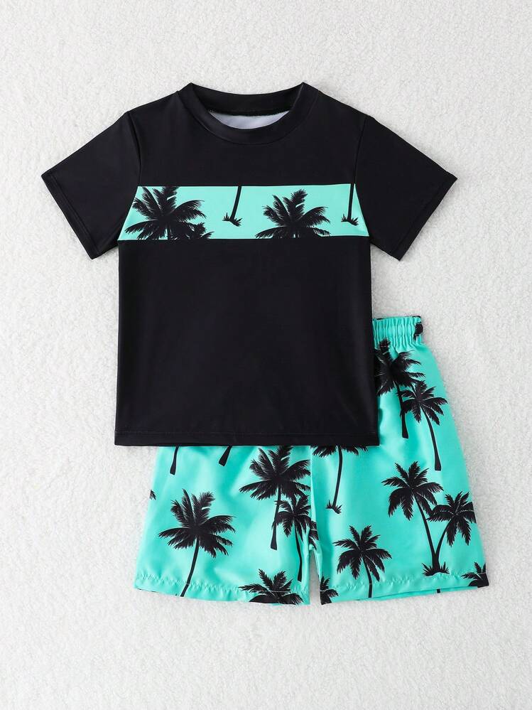 Young Boy Swimwear With Tropical Printed Top And Random Printed Shorts - Multicolor - View 4