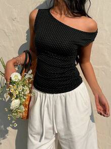 Sunnyshic 女士休闲圆点不对称领口衬衫 - 黑色 - 查看 5