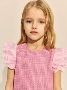 SHEIN Young Girls Elegant Pink Woven Ruffle Sleeve Round Neck Dress - Pink - View 6