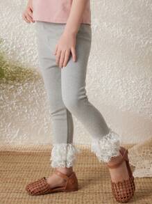 Blossori 年轻女孩优雅灰色蕾丝边针织紧身裤，春/夏