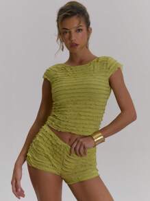 MUSERA Ruched Chiffon Fitted T-Shirt Top Easter Spring Summer Carnival Festival - Yellow - View 1