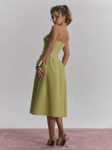 MUSERA Midi Woven Stretch Corset Dress Sundress For Spring Gradution, Wedding Guesr, Summer, Cute Dainty Fields  New Year Thanksgiving   Winter - Green - View 3