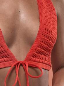 MUSERA Áo len croptop cổ yếm buộc dây phía trước, kiểu dáng ôm sát, thích hợp cho kỳ nghỉ hè, phong cách Ibiza, mùa xuân, đi biển, vẻ đẹp nữ thần. - Đỏ - Xem 6