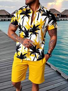 Manfinity RSRT 两件套休闲椰子树印花男士衬衫和短裤，热带度假装，套装，男士两件套服装，男士夏威夷装，舒适装