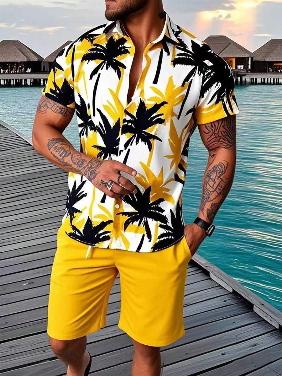 Manfinity RSRT 两件套休闲椰子树印花男士衬衫和短裤，热带度假装，套装，男士两件套服装，男士夏威夷装，舒适装