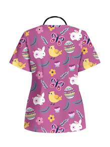 PopScrub Easter Rabbit & Egg Floral Pattern Casual Pullover Scrub Uniforms Top - White - View 2