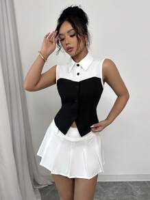 Chiquease Sleeveless Patchwork Contrast Color Shirt, Slimming