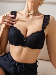 1pc Romantic & Sexy Lace Strap & Underwire Push Up Lingerie Bra, Minimalist Design - Black - View 3