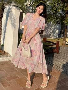 DAZY V-Neck Floral Print Ruffle Sleeve Mid-Calf Length Dress For Women,Fall Dress Long Sleeve Dress Vacation Outfits Women - Pink - View 8