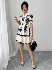 Elenzga 女士休闲花卉印花 V 领收腰连衣裙 - 彩色 - 查看 6