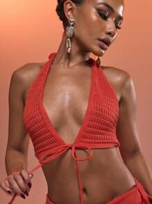 MUSERA Áo len croptop cổ yếm buộc dây phía trước, kiểu dáng ôm sát, thích hợp cho kỳ nghỉ hè, phong cách Ibiza, mùa xuân, đi biển, vẻ đẹp nữ thần. - Đỏ - Xem 2