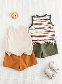 Cozy Pixies 4pcs Baby Boy Cartoon Animal Print Soft Knitted Crew Neck Sleeveless Tank Top & Elastic Waist Shorts Set