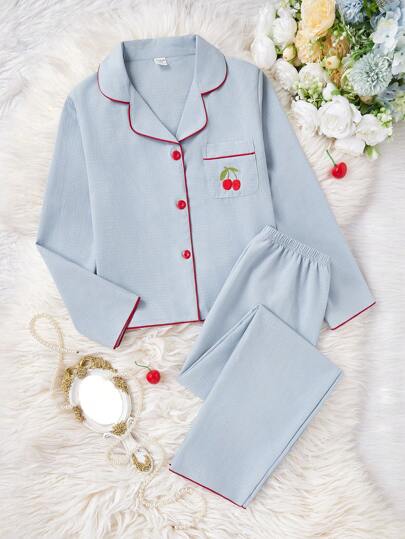 Girls Pajama Set, Burgundy Cherry Embroidery Loose Comfortable Long Pants & Long Sleeve Tops, Sleepwear For Older Tween Girl