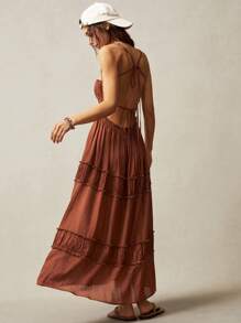 Bohemela 波西米亚风 1 件女式纯色编织中长连衣裙，带荷叶边下摆，波西米亚风女式连衣裙，女式连衣裙，女式连衣裙，波西米亚风长裙，女式露背连衣裙 - 摩卡棕 - 查看 7
