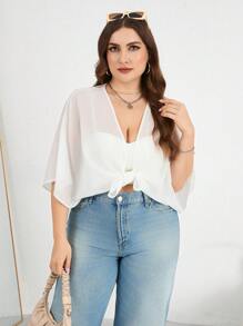SHEIN Essnce Plus Size Blouse, Beach Blouse, Sunshade Blouse, Swimwear Blouse, Summer Cardigan, 2 Pieces Blouse, 2 Pieces Blouse, See-Through Blouse, Summer Outfits For Women Vacation Outfits Women Going Out Outfits Cute Summer Tops, Vacation Tops Going Out Top - Multicolor - View 6