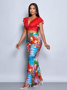 SOLERSUN Women 2 Pieces Set: Solid Color Ruffle Lantern Sleeve Crop Top & Tropical Plant Print Pants, Vacation Style - Red - View 1