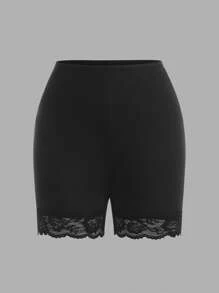 2pcs/Set Tween Girls Fitted Casual Minimalist Lace Trim Shorts And Leggings Set - Black and White - View 5