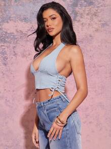 Denimoi Lace Up Side Backless Halter Crop Denim Top - Light Wash - View 1