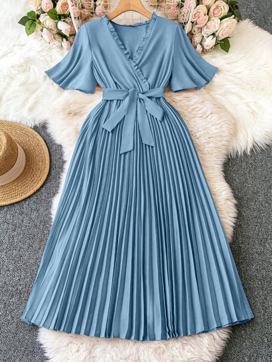 DreamSkyne Plus Size Women's Frill Trim Pleated Hem Swing Dress Maxi Women Outfit - Baby Blue - View 1
