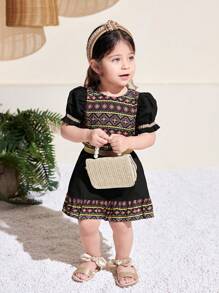 SHEIN Babygirl 可爱几何印花短袖上衣和迷你裙套装，夏日度假 - 黑色 - 查看 7