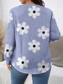 EMERY ROSE Casual Minimalist Grey Floral Printed Loose Crew Neck Sweatshirt, Plus Size, Suitable For Spring & Autumn Winter Fall - Multicolor - View 2
