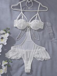 Luxury Rhinestone, Pearl, Chain, Ruffled, Crotchless, Slimming Women Sexy Jumpsuit - White - View 7