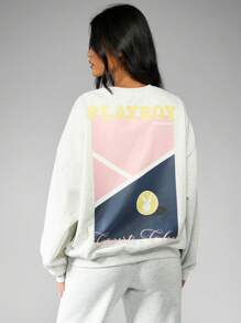 Missguided x Playboy Logo Bunny Print Oversized Sweatshirt - Light Grey - View 2