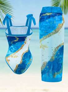 Swim Oasis 大码女式两件套随机印花系带抹胸连体泳衣配系带纱笼，时尚海滩度假泳装 - 彩色 - 查看 2