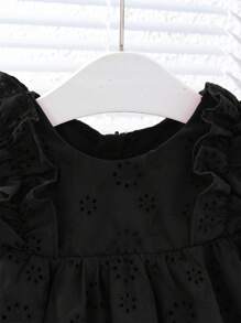 Babygirl Summer Cute Solid Color Embroidered Hollow Out Ruffle Hem Sleeveless Dress - Black - View 4