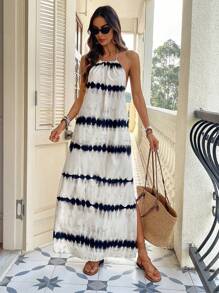 SHEIN VCAY Vestido largo con hombros divididos y estampado tejido, adecuado para vacaciones de primavera/verano