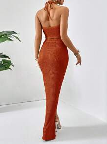 Firerie Women's Solid Color Sleeveless Halter Crop Top And Button-Detailed Mid-Length Skirt 2 Pieces Set, Vacation Outfit - Rust Brown - View 2