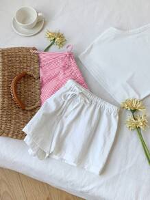 Comfortcana 2 piezas Nuevos shorts de mujer a rayas de lino