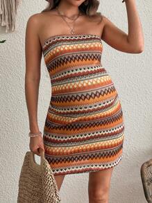 SHEIN Geometric Print Strapless Mini Bodycon Dress, Holiday Beach Dress