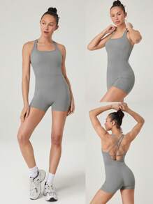 GLOWMODE 4.3" FeatherFit™-Air Sweat-Wicking Quick-Dry Tummy Control Corset Round-Neck Crossover Back Bodysuit Jumpsuit Romper With Side Pockets Low Impact Yoga Pilates Studio Daily Casual Wear Removable Cups - Grey - View 9