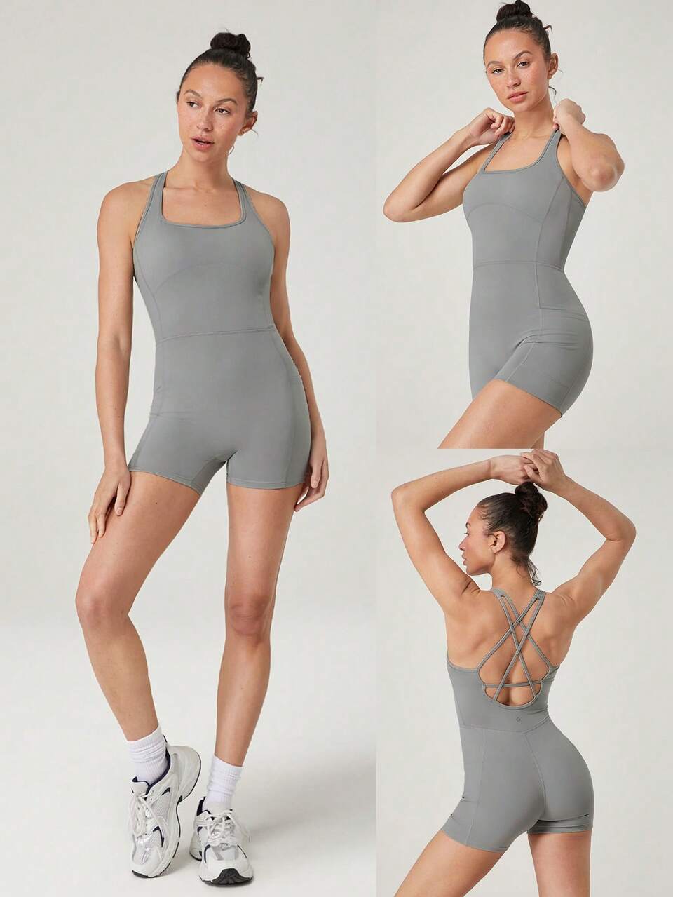 4.3" FeatherFit™-Air Sweat-Wicking Quick-Dry Tummy Control Corset Round-Neck Crossover Back Bodysuit Jumpsuit Romper With Side Pockets Yoga Pilates