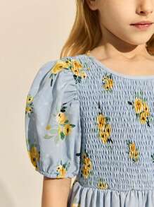SHEIN Young Girls Floral Print Ruffled Puff Sleeve A-Line Dress, Blue Background, Elegant & , Spring/Summer