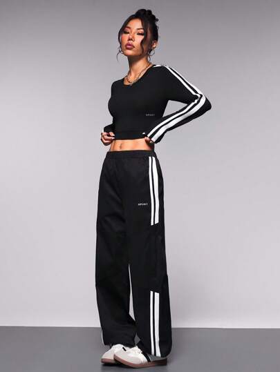 SHEIN Sports Ensemble deux pièces femme composé d'un Top court à rayures contrastées et d'un pantalon long pour l'extérieur