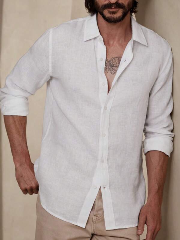 Manfinity Homme Camicia casual da uomo in lino bianco, tinta unita, con collo e maniche lunghe, design con bottoni davanti, adatta per uscire