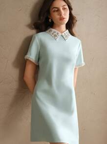 Anewsta 优雅女士水钻领子和袖子装饰 A 字裙，适合情人节、度假、新年、春夏季、端庄 - 淺藍色 - 查看 7