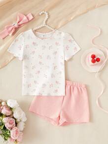 3pcs/Set Girl's Casual Floral Print Short Sleeve Solid Color T-Shirt And Shorts Homewear Set Cute Pajamas, Little Girl's PajamasCute Pajamas, Little Girl's Pajamas, Floral Style" - Multicolor - View 3