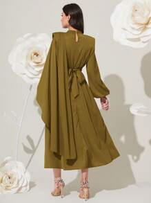 Modelyn 勃艮第红色女士纯色立领短袖阿拉伯朴素长袖连衣裙长款晚礼服