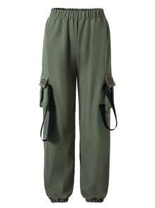 Boys Casual Patch Applique Drawstring Waist Cargo Pants, Spring/Summer/Autumn - Green - View 4