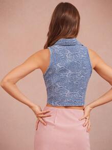 WESTFADE 春季同色系花卉领口纽扣前开襟无袖西部牛仔上衣夏季度假早午餐 - 中等水洗藍 - 查看 3