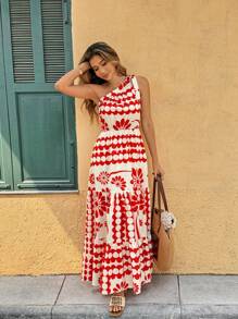 Breezaya Floral Print Asymmetric Collar Dress Maxi Vacation Beach Outfits Women