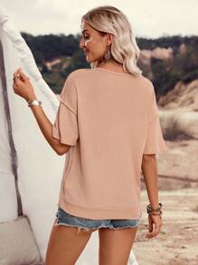 EMERY ROSE Women's Solid Color V-Neck Drop Shoulder Short Sleeve Casual T-Shirt - Khaki - View 2