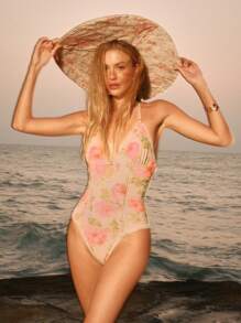 Anewsta 1st Dames Bloemenprint Rugloos Halter Monokini Badpak, Geschikt Voor Strandvakantie