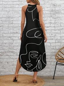 SHEIN LUNE Đầm không tay in hình mặt người, thích hợp cho kỳ nghỉ, dành cho nữ. - Đen và trắng - Xem 2