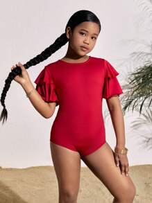 SHEIN Tween 女童休闲街头风格纯色短袖连身衣 - 酒紅色 - 查看 6