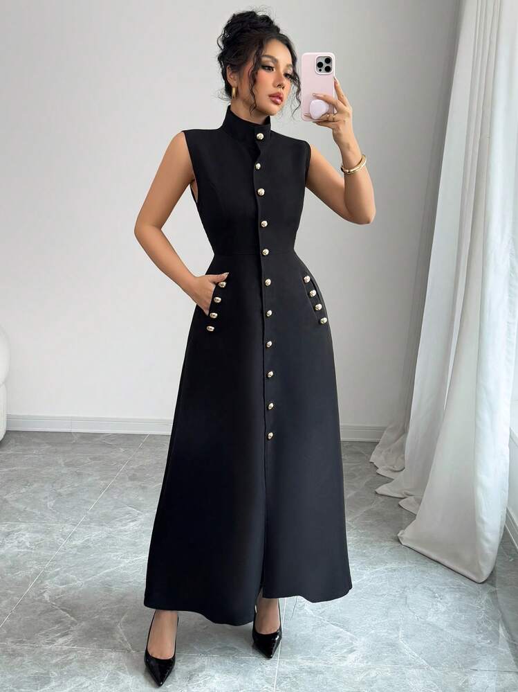 Elenzga Vestido largo casual de mujer de unicolor con cuello mao, cierre de botones delantero y sin mangas - Negro - Añade 4