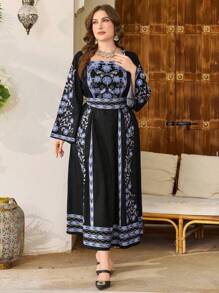 Al Najma Plus Size Women's Square Neck Flare Sleeve Casual Loose Floral Retro Print Dress - Multicolor - View 1